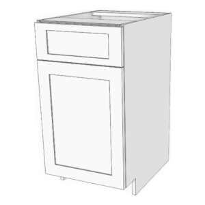 Garbage base cabinet has short top drawer with double bin waste/recycle pullout. 18" wide, 34 3/4" high, 23 5/8" deep.