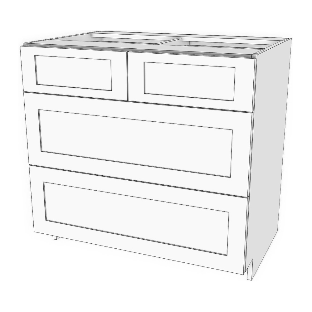 Base cabinet with 4 drawers: 2 short (7"h) half width top drawers and 2 large (12"h) bottom 2 drawers with heavy duty glides: 30 1/4" to 36" wide, 34 3/4" high, 23 5/8" deep.