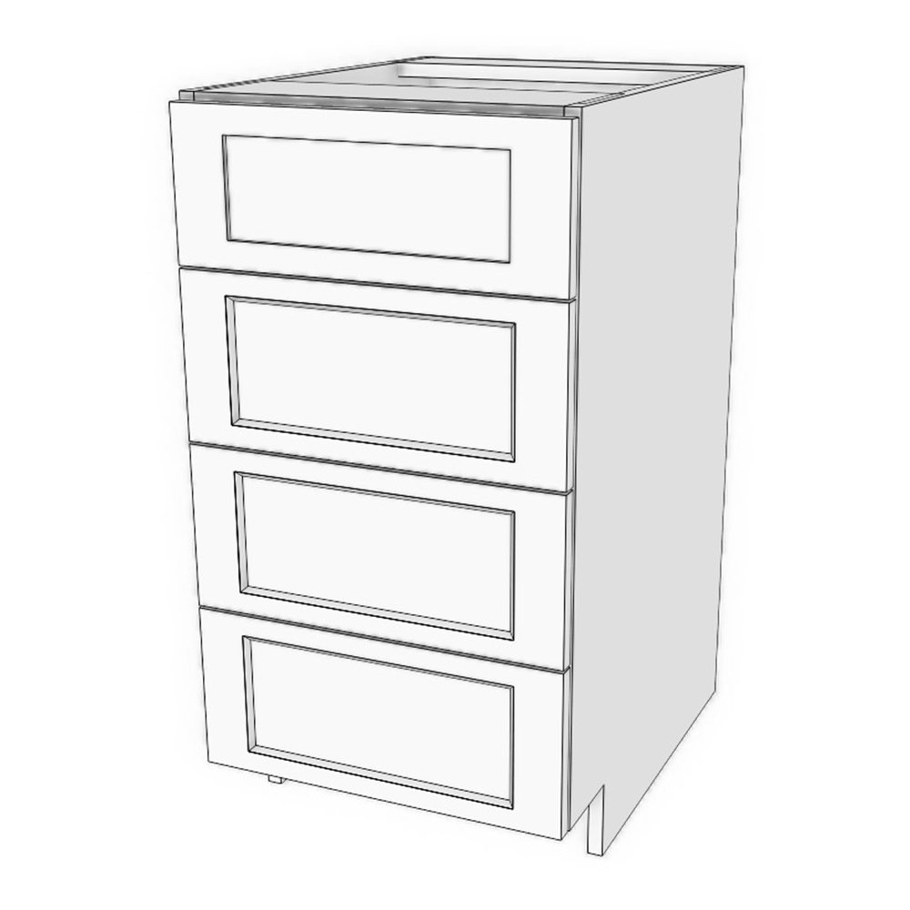 Base cabinet with 4 drawers: 1 short (7"h) top drawer and 3 medium (7 3/4"h) drawers: 12" to 21" wide, 34 3/4" high, 23 5/8" deep.